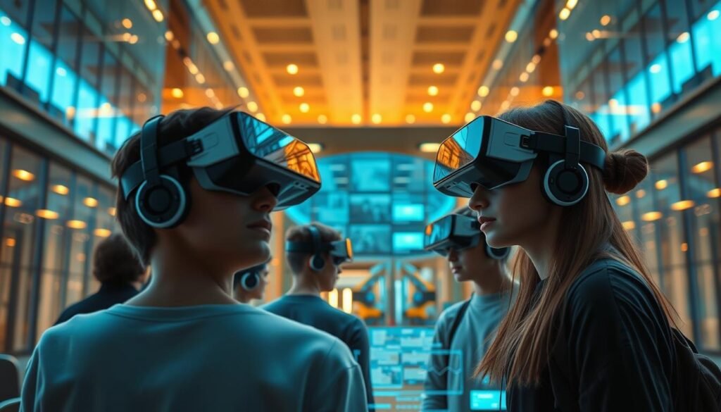 A focused, adaptive AI-driven online learning formation set against a modern, technologically-advanced backdrop. In the foreground, virtual students engaged in interactive lessons, their faces obscured by sleek AR headsets. The middle ground features a dynamic, customizable curriculum, visualized through holographic displays and touchscreen interfaces. In the background, a striking architectural landscape of glass and steel, reflecting the innovative spirit of this digital academy. Warm, diffused lighting bathes the scene, creating an atmosphere of cutting-edge education and immersive technology. Precise camera angles and a cinematic composition capture the seamless integration of AI-powered learning and the built environment. A focused, adaptive AI-driven online learning formation set against a modern, technologically-advanced backdrop. In the foreground, virtual students engaged in interactive lessons, their faces obscured by sleek AR headsets. The middle ground features a dynamic, customizable curriculum, visualized through holographic displays and touchscreen interfaces. In the background, a striking architectural landscape of glass and steel, reflecting the innovative spirit of this digital academy. Warm, diffused lighting bathes the scene, creating an atmosphere of cutting-edge education and immersive technology. Precise camera angles and a cinematic composition capture the seamless integration of AI-powered learning and the built environment.