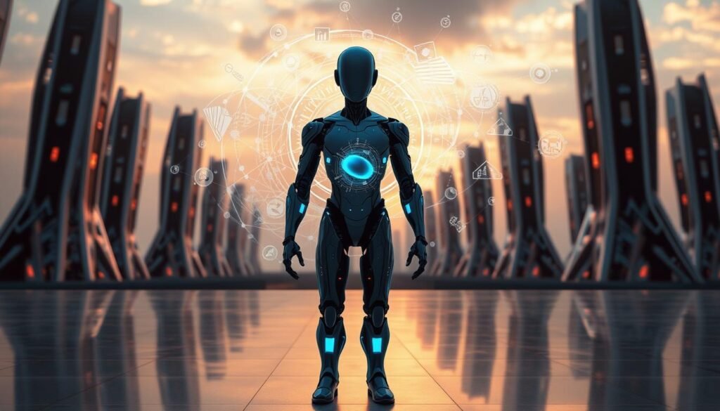 A futuristic and visionary landscape depicting the decision-making capabilities of artificial intelligence. In the foreground, a humanoid AI agent stands resolute, its faceless form emitting an enigmatic glow. Swirling behind it, a kaleidoscope of data visualizations, intricate algorithms, and predictive models converge, illustrating the complex web of information and insights that drive AI-assisted decision-making. The background is a panoramic vista of towering, metallic structures, their angular forms casting long shadows across a sleek, reflective surface, suggesting a world transformed by the power of intelligent systems. The overall scene conveys a sense of technological sophistication, wonder, and the promise of a future where AI seamlessly augments human decision-making.