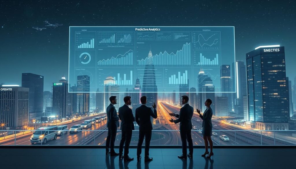 A futuristic cityscape at night, with a large holographic display in the center showcasing graphs, charts, and predictive analytics models. In the foreground, a group of businesspeople interact with a sleek, minimalist AI assistant, gesturing towards the display. The middle ground features autonomous vehicles and drones navigating the urban landscape, while the background is filled with towering skyscrapers and a night sky dotted with stars. The scene conveys a sense of technological progress, efficiency, and data-driven decision-making. A futuristic cityscape at night, with a large holographic display in the center showcasing graphs, charts, and predictive analytics models. In the foreground, a group of businesspeople interact with a sleek, minimalist AI assistant, gesturing towards the display. The middle ground features autonomous vehicles and drones navigating the urban landscape, while the background is filled with towering skyscrapers and a night sky dotted with stars. The scene conveys a sense of technological progress, efficiency, and data-driven decision-making.