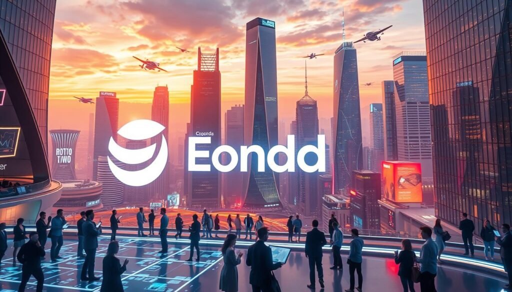 A futuristic cityscape with sleek, modern architecture, illuminated by warm, ambient lighting. In the foreground, a dynamic display showcases a brand's logo, morphing and evolving with innovative digital effects, symbolizing the power of technological reinvention. In the middle ground, a diverse group of people interact with holographic interfaces, immersed in the seamless integration of technology and branding. In the background, towering skyscrapers and flying vehicles create a sense of a thriving, technologically advanced metropolis. The overall scene conveys a vision of how strategic technological innovation can empower a brand's repositioning and transformation. A futuristic cityscape with sleek, modern architecture, illuminated by warm, ambient lighting. In the foreground, a dynamic display showcases a brand's logo, morphing and evolving with innovative digital effects, symbolizing the power of technological reinvention. In the middle ground, a diverse group of people interact with holographic interfaces, immersed in the seamless integration of technology and branding. In the background, towering skyscrapers and flying vehicles create a sense of a thriving, technologically advanced metropolis. The overall scene conveys a vision of how strategic technological innovation can empower a brand's repositioning and transformation.