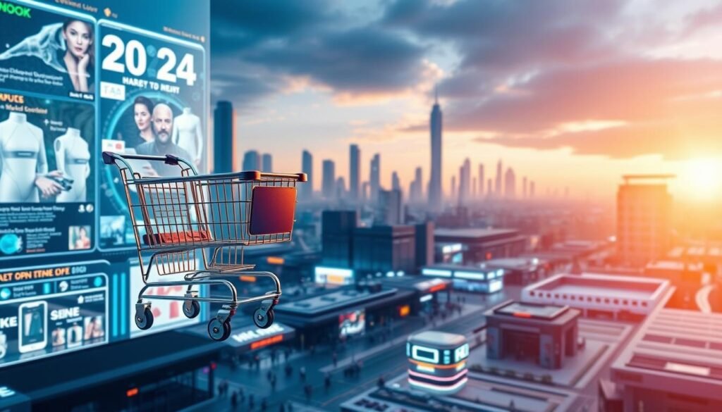 A futuristic e-commerce landscape in 2024, with sleek digital displays, holographic interfaces, and AI-powered recommendations. In the foreground, a hovering shopping cart glides effortlessly, showcasing the latest in seamless omnichannel experiences. The middle ground features a bustling marketplace, where virtual storefronts and dynamic product showcases captivate tech-savvy consumers. In the background, a cityscape of towering skyscrapers and advanced infrastructure hints at the transformative impact of emerging technologies on the e-commerce industry. The scene is bathed in a warm, futuristic glow, conveying a sense of innovation, efficiency, and the ever-evolving nature of online shopping. A futuristic e-commerce landscape in 2024, with sleek digital displays, holographic interfaces, and AI-powered recommendations. In the foreground, a hovering shopping cart glides effortlessly, showcasing the latest in seamless omnichannel experiences. The middle ground features a bustling marketplace, where virtual storefronts and dynamic product showcases captivate tech-savvy consumers. In the background, a cityscape of towering skyscrapers and advanced infrastructure hints at the transformative impact of emerging technologies on the e-commerce industry. The scene is bathed in a warm, futuristic glow, conveying a sense of innovation, efficiency, and the ever-evolving nature of online shopping.