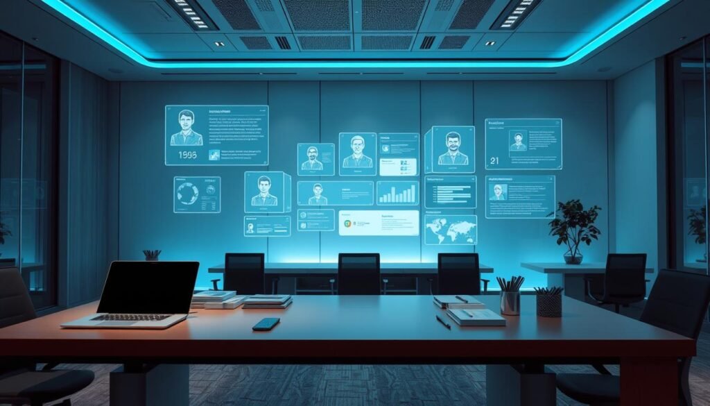 A futuristic office interior, with a large desk in the foreground featuring a laptop, tablet, and various office supplies. In the middle ground, a series of floating holographic screens displaying data visualizations and candidate profiles. In the background, a sleek, minimalist wall with an AI assistant interface, bathed in a cool, blue-tinted lighting. The scene conveys a sense of efficiency, automation, and data-driven decision making in the recruitment process. A futuristic office interior, with a large desk in the foreground featuring a laptop, tablet, and various office supplies. In the middle ground, a series of floating holographic screens displaying data visualizations and candidate profiles. In the background, a sleek, minimalist wall with an AI assistant interface, bathed in a cool, blue-tinted lighting. The scene conveys a sense of efficiency, automation, and data-driven decision making in the recruitment process.