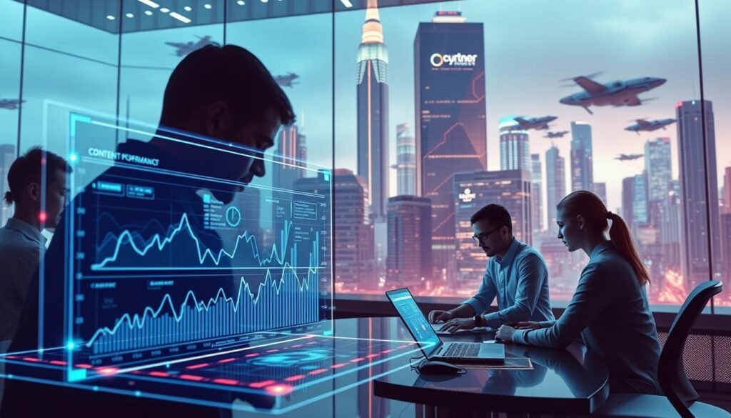 A futuristic vision of content marketing, set in a sleek, high-tech environment. In the foreground, a holographic display shows a data visualization of content performance metrics, representing the analytical insights powering data-driven content strategies. In the middle ground, a team of content marketers collaborates using advanced digital tools, their screens and interfaces bathed in a cool, neon-tinged glow. The background depicts a bustling cityscape of towering skyscrapers, with flying autonomous vehicles cutting through the air, symbolizing the rapid evolution of the digital landscape. The scene conveys a sense of innovation, efficiency, and the seamless integration of content and technology, reflecting the future of content marketing.