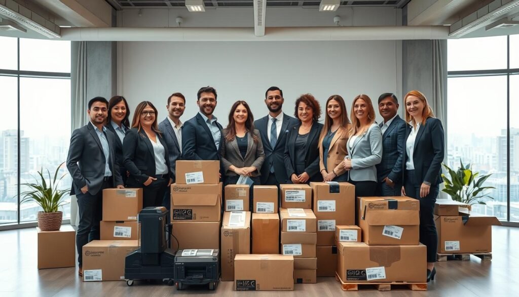 A group of diverse European dropshipping suppliers standing together in a modern, well-lit office setting. The foreground features a mix of men and women in business attire, representing different nationalities, engaged in friendly discussion. The middle ground showcases various shipping boxes, label printers, and logistics equipment, highlighting the efficiency of their operations. The background depicts a minimalist, open-concept workspace with large windows overlooking a cityscape, conveying a sense of professionalism and international collaboration. The overall atmosphere is one of a thriving, interconnected dropshipping ecosystem committed to rapid delivery.