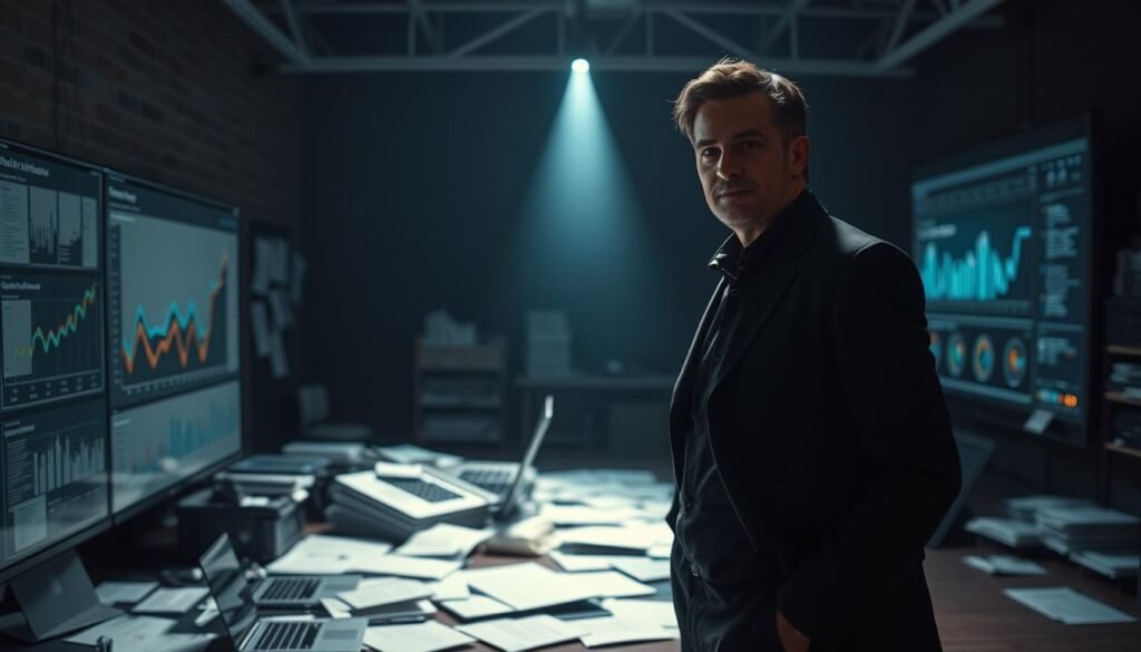 A high-contrast, cinematic image of an authoritative-looking research expert in a dark outfit, standing in a dimly lit room surrounded by scattered research papers, laptops, and analytical visualizations on a large display. The expert's gaze is focused, conveying deep thought and expertise. The lighting is dramatic, with a single beam of light illuminating the scene from an unseen source, casting long shadows. The overall atmosphere is one of intense, concentrated research and strategic influencer marketing analysis. A high-contrast, cinematic image of an authoritative-looking research expert in a dark outfit, standing in a dimly lit room surrounded by scattered research papers, laptops, and analytical visualizations on a large display. The expert's gaze is focused, conveying deep thought and expertise. The lighting is dramatic, with a single beam of light illuminating the scene from an unseen source, casting long shadows. The overall atmosphere is one of intense, concentrated research and strategic influencer marketing analysis.