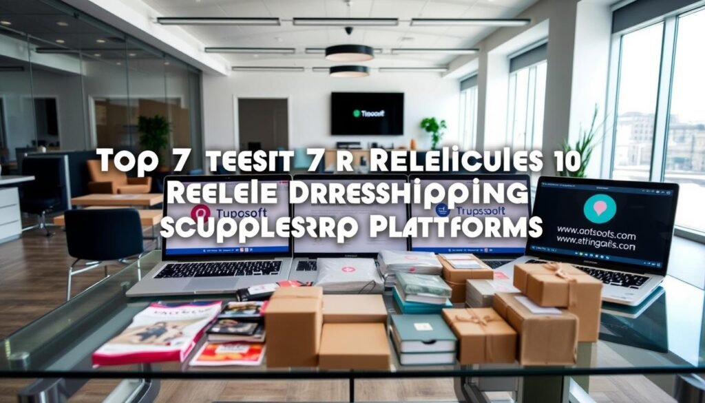 A high-quality, detailed image depicting the top 7 reliable dropshipping supplier platforms. The scene shows a sleek, modern office setting with large windows letting in natural light. In the foreground, there are various product samples and packaging materials arranged neatly on a glass table. In the middle ground, several laptop screens display the logos and websites of the top 7 dropshipping platforms. The background features a minimalist office interior with modern furniture and decor. The overall mood is professional, informative, and visually appealing, reflecting the authoritative nature of the article's subject matter.