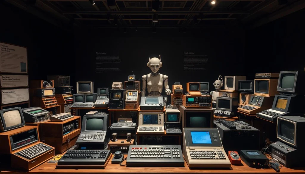 A high-quality, professionally-captured photograph of a historical display of various artificial intelligence content generation tools. The foreground features an array of vintage devices, including early text editors, programming consoles, and analog computing machines. The middle ground showcases more modern AI-powered writing assistants, chatbots, and generative models, arranged in a dynamic, museum-like presentation. The background is dimly lit, with subtle lighting accentuating the aged patina of the historical artifacts, creating a contemplative, reverent atmosphere. The overall composition highlights the technological evolution from primitive to advanced content generation capabilities, inviting the viewer to reflect on the past, present, and future of this transformative field.
