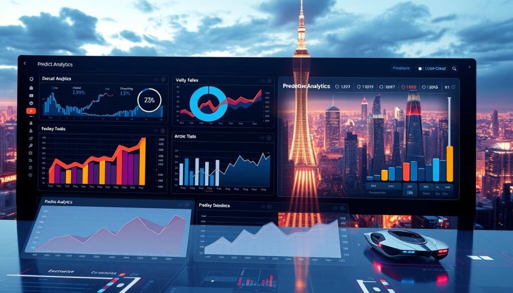 A high-tech data visualization dashboard displaying predictive analytics for e-commerce trends. The foreground showcases various interactive graphs, charts, and data visualizations. The middle ground features a sleek, minimalist user interface with clean typography and intuitive controls. The background depicts a futuristic cityscape with towering skyscrapers, hover cars, and a vibrant, neon-lit skyline. The overall scene conveys a sense of innovation, sophistication, and the power of artificial intelligence to predict and optimize e-commerce performance.