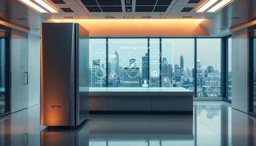A high-tech laboratory with sleek, minimalist design. In the foreground, a towering GPT-4o unit, its smooth, metallic surface gleaming under the warm, directional lighting. The middle ground features a holographic display showcasing various AI-powered applications, from natural language processing to predictive analytics. In the background, a panoramic window reveals a futuristic cityscape, hinting at the far-reaching impact of this advanced intelligence. The overall atmosphere is one of innovation, sophistication, and the boundless potential of AI technology.