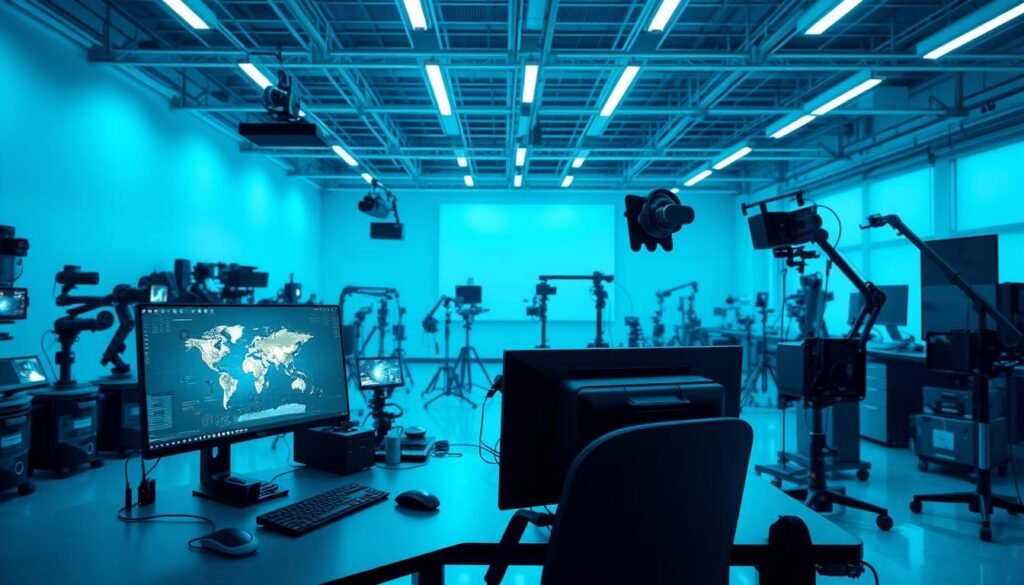 A high-tech workshop filled with the latest AI-powered video creation tools. In the foreground, a sleek, minimalist workstation with a state-of-the-art computer, VR headset, and touchscreen display. Midground showcases a range of futuristic devices - smart cameras, robotic arms, and holographic projectors. The background features a vast, open-concept space bathed in a cool, blue-tinted lighting, conveying a sense of cutting-edge innovation and creativity. The scene exudes an atmosphere of seamless human-AI collaboration, poised to revolutionize the world of video production. A high-tech workshop filled with the latest AI-powered video creation tools. In the foreground, a sleek, minimalist workstation with a state-of-the-art computer, VR headset, and touchscreen display. Midground showcases a range of futuristic devices - smart cameras, robotic arms, and holographic projectors. The background features a vast, open-concept space bathed in a cool, blue-tinted lighting, conveying a sense of cutting-edge innovation and creativity. The scene exudes an atmosphere of seamless human-AI collaboration, poised to revolutionize the world of video production.