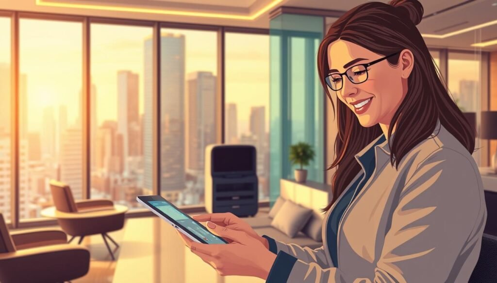 A meticulously crafted digital illustration showcasing a personalized customer experience. In the foreground, a smiling customer interacts with a sleek, futuristic interface on a tablet device, their needs seamlessly anticipated by the intelligent system. The middle ground features a stylized office setting, with modern furniture and discreet technological accents, all bathed in warm, ambient lighting. In the background, a cityscape of towering glass skyscrapers reflects the innovative spirit of the scene. The overall mood evokes a sense of effortless convenience, technological integration, and a deeply personalized engagement between the customer and the brand.