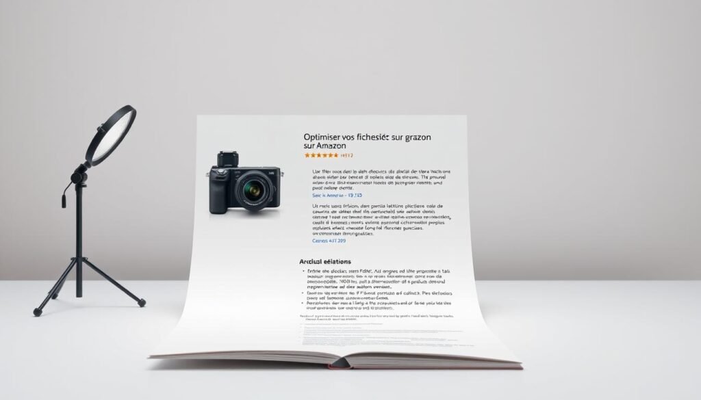 A meticulously crafted product listing page on a clean, minimalist marketplace platform. The foreground features a high-quality product image, captured with a professional camera lens and lighting setup, showcasing the item's key features in vivid detail. The middle ground presents an organized, well-structured product description, highlighting the item's benefits and addressing common customer queries. In the background, a muted, serene environment with subtle product category navigation, emphasizing a seamless and intuitive user experience. The overall aesthetic conveys a sense of sophistication, clarity, and optimization, perfectly aligned with the section title "Optimiser vos fiches produit sur Amazon".