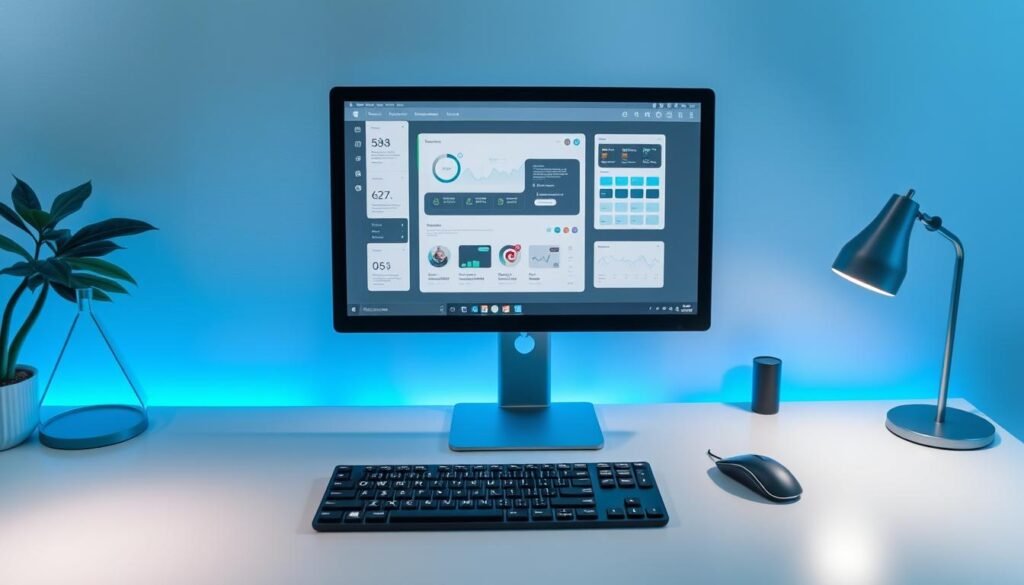 A minimalist workspace with a computer monitor, mouse, and keyboard situated on a clean, white desk. The monitor displays a UI design with various icons and elements, hinting at the automation and prototyping process. Subtle blue and green accents on the desk create a calming, technological atmosphere. The lighting is soft and diffused, creating a professional, yet innovative vibe. The camera angle is slightly elevated, providing a birds-eye view of the setup, emphasizing the efficient, streamlined nature of the user experience optimization workflow.