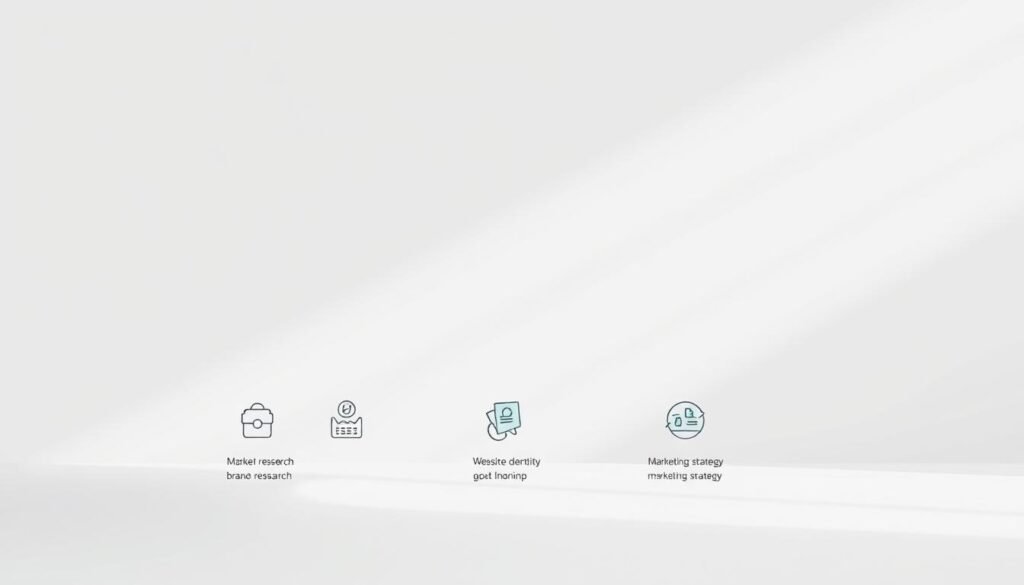A modern and minimalist illustration depicting the step-by-step process of successful dropshipping branding. The foreground shows a series of simple icons or infographic elements representing the key stages, such as market research, brand identity creation, website design, and marketing strategy. The middle ground features a clean, monochromatic background with a subtle grid or graph pattern, conveying a sense of structure and organization. The lighting is soft and diffused, creating a calm, professional atmosphere. The overall composition is balanced and visually appealing, guiding the viewer's eye through the steps towards building a strong dropshipping brand.