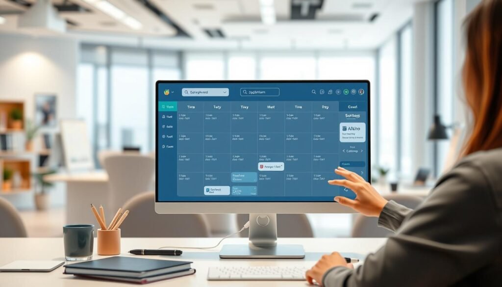 A modern and sleek online appointment scheduling system, showcasing a clean user interface with a calendar, time slots, and intuitive controls. The foreground features a computer screen displaying the scheduling tool, with a professional-looking person interacting with the interface. The middle ground includes office accessories and a minimalist workspace setting, conveying a sense of efficiency and productivity. The background depicts a modern, well-lit interior with neutral tones, creating a calm and professional atmosphere. The overall scene should evoke a seamless, user-friendly experience for managing appointments and services in an online business setting.