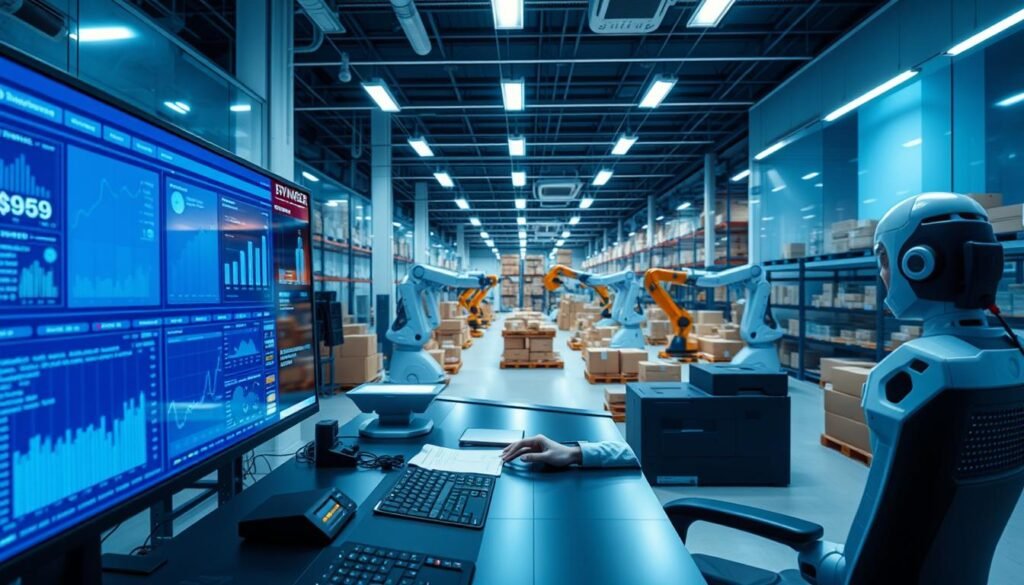 A modern automated command center managing dropshipping operations. In the foreground, a sleek dashboard displays real-time order data, fulfillment progress, and shipping updates, all controlled by a human operator working intuitively with a minimalist interface. In the middle ground, robotic arms efficiently package orders, while intelligent software coordinates inventory, suppliers, and logistics. The background reveals a high-tech warehouse bustling with activity, where AI-powered systems optimize storage, packaging, and shipping to ensure rapid, seamless delivery. Soft blue-white lighting creates a clean, efficient atmosphere, conveying the power of automation to streamline dropshipping for maximum speed and precision.