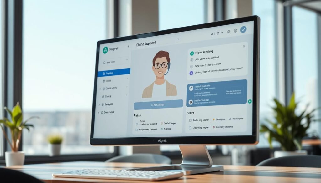 A modern, clean, and intuitive software interface showcasing an AI-powered client support system. In the foreground, a sleek desktop computer display depicts a minimalist user dashboard with clear icons, smooth interactions, and an attentive digital assistant. In the middle ground, a stylized virtual customer service agent offers personalized guidance, their expression warm and inviting. The background features a softly blurred office setting, hinting at the professional context. Abundant natural lighting from large windows creates a bright, productive atmosphere. The overall impression conveys a seamless, user-centric experience that empowers entrepreneurs to leverage AI technology for their business needs. A modern, clean, and intuitive software interface showcasing an AI-powered client support system. In the foreground, a sleek desktop computer display depicts a minimalist user dashboard with clear icons, smooth interactions, and an attentive digital assistant. In the middle ground, a stylized virtual customer service agent offers personalized guidance, their expression warm and inviting. The background features a softly blurred office setting, hinting at the professional context. Abundant natural lighting from large windows creates a bright, productive atmosphere. The overall impression conveys a seamless, user-centric experience that empowers entrepreneurs to leverage AI technology for their business needs.