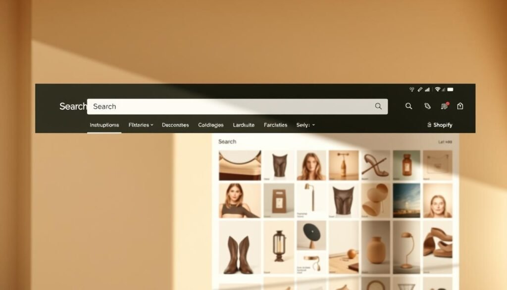 A modern, elegantly designed Shopify search interface, showcasing intuitive search functionality and enhanced product discovery. In the foreground, a clean, minimalist search bar with responsive filtering options. In the middle ground, a grid of relevant, visually appealing product thumbnails, highlighting the diversity of the store's offerings. The background features a minimalist, on-brand color palette, with subtle textures and patterns creating a sense of depth and sophistication. Warm, natural lighting illuminates the scene, creating a welcoming and inviting atmosphere. Overall, the image conveys a seamless, user-friendly search experience that empowers customers to find the products they need effortlessly.