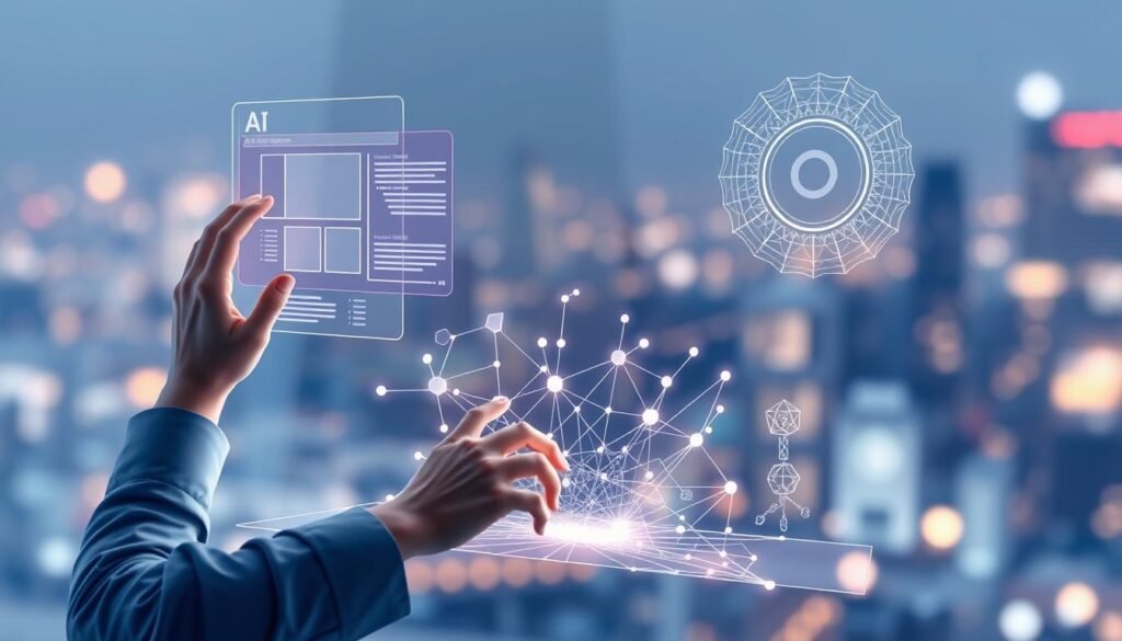 A modern, minimalist digital art illustration depicting the creative process behind AI-powered web development. In the foreground, a human designer manipulates a sleek, holographic user interface, shaping the layout and design elements of a web page. In the middle ground, an array of geometric shapes and abstract patterns symbolize the underlying AI algorithms and data models powering the website creation. The background features a blurred, glowing cityscape, hinting at the integration of AI into the broader digital landscape. The overall scene conveys a sense of fluid, technologically-enhanced creativity and innovation in web design.