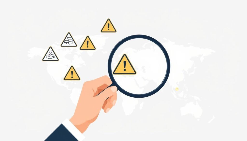 A modern, minimalist illustration depicting the key mistakes to avoid when working with dropshipping suppliers. In the foreground, a hand holding a magnifying glass examines a series of warning icons, representing common pitfalls such as poor product quality, unreliable shipping, and lack of supplier transparency. The middle ground shows a stylized world map, hinting at the global nature of dropshipping, with pulsing nodes indicating potential supplier locations. The background is a clean, geometric gradient, lending a sense of focus and professionalism to the scene. The overall mood is one of analytical problem-solving, guiding the viewer toward a more successful dropshipping experience.
