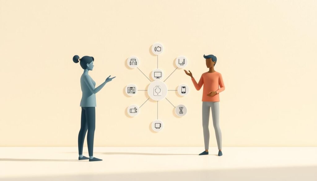 A modern, minimalist illustration showcasing the interplay of cross-selling and up-selling strategies. The foreground features two stylized human figures, one gesturing towards a product, the other considering a purchase. The middle ground depicts a clean, geometric layout of product icons, interconnected with fluid lines. The background has a subtly textured, pastel-colored gradient, conveying a sense of sophistication and technological prowess. The lighting is soft and directional, casting gentle shadows that accentuate the three-dimensional depth. The overall mood is one of efficiency, synergy, and the potential for increased customer value.