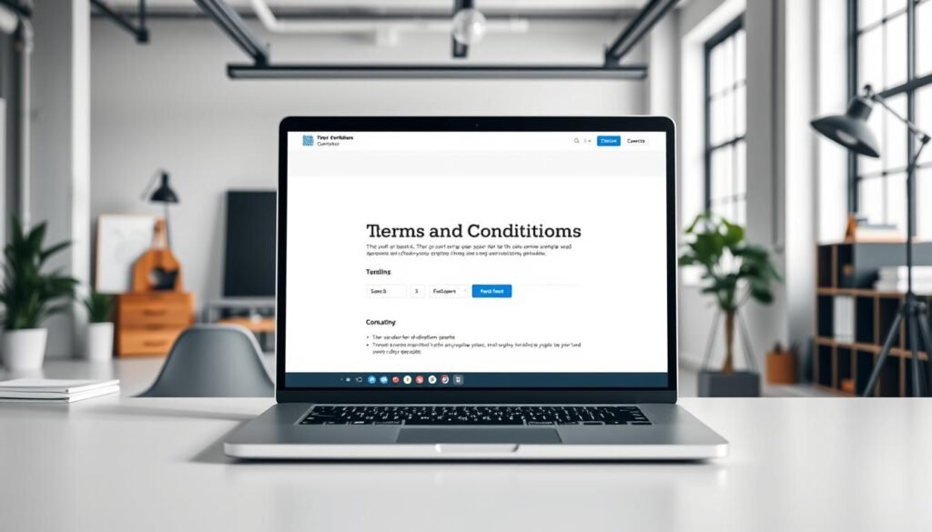 A modern, minimalist online storefront displaying a sleek and professional "Terms and Conditions" generator interface. The foreground features a laptop or desktop computer screen showcasing the generator tool, with a minimalist UI and easy-to-navigate controls. The middle ground depicts a well-organized workspace, with a stylish desk, modern office supplies, and subtle branding elements. The background presents a bright, airy studio setting with large windows, allowing natural light to flood the scene. The overall mood is one of efficiency, productivity, and a user-friendly ecommerce experience.