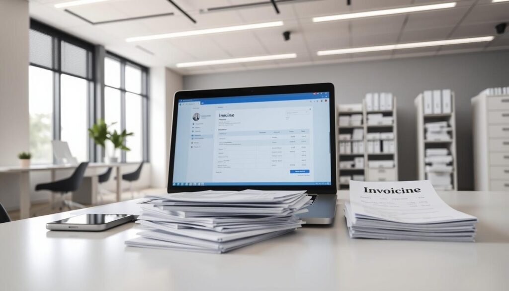 A modern office interior with a sleek, minimalist aesthetic. In the foreground, a desk with a laptop, smartphone, and digital invoicing software displayed on the screen. On the desk, a well-organized stack of physical invoices and receipts. In the middle ground, filing cabinets and shelves filled with organized financial documents. The background features large windows allowing natural light to flood the space, creating a bright and airy atmosphere. The overall scene conveys a sense of efficiency, organization, and the seamless integration of digital and physical financial processes. A modern office interior with a sleek, minimalist aesthetic. In the foreground, a desk with a laptop, smartphone, and digital invoicing software displayed on the screen. On the desk, a well-organized stack of physical invoices and receipts. In the middle ground, filing cabinets and shelves filled with organized financial documents. The background features large windows allowing natural light to flood the space, creating a bright and airy atmosphere. The overall scene conveys a sense of efficiency, organization, and the seamless integration of digital and physical financial processes.