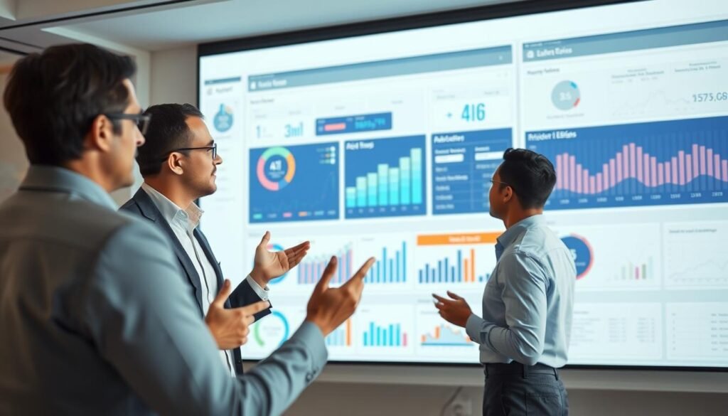A modern office setting with a digital dashboard prominently displayed on a large screen. The dashboard features interactive visualizations, charts, and data insights related to customer relationship management (CRM) and artificial intelligence (AI) technologies. In the foreground, two professionals are engaged in a discussion, gesturing towards the screen and examining the data. The lighting is soft and natural, creating a sophisticated and productive atmosphere. The composition emphasizes the integration of CRM and AI, showcasing how these technologies can be leveraged to personalize the customer experience. A modern office setting with a digital dashboard prominently displayed on a large screen. The dashboard features interactive visualizations, charts, and data insights related to customer relationship management (CRM) and artificial intelligence (AI) technologies. In the foreground, two professionals are engaged in a discussion, gesturing towards the screen and examining the data. The lighting is soft and natural, creating a sophisticated and productive atmosphere. The composition emphasizes the integration of CRM and AI, showcasing how these technologies can be leveraged to personalize the customer experience.