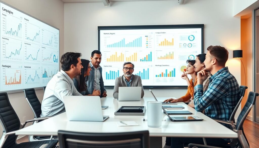 A modern office setting with a whiteboard filled with graphs, charts, and data visualizations, showcasing the results of various marketing campaigns. The foreground features a team of marketers and analysts deeply engaged in discussion, with furrowed brows and thoughtful expressions, as they review the campaign analytics projected on the wall. The middle ground includes a sleek conference table surrounded by ergonomic chairs, with laptops and notepads scattered across the surface, suggesting an ongoing collaborative session. The background is softly lit, creating a warm and professional atmosphere, with minimalist décor and subtle hints of the company's branding. The overall scene conveys a sense of strategic planning, data-driven decision-making, and the continuous optimization of digital marketing efforts. A modern office setting with a whiteboard filled with graphs, charts, and data visualizations, showcasing the results of various marketing campaigns. The foreground features a team of marketers and analysts deeply engaged in discussion, with furrowed brows and thoughtful expressions, as they review the campaign analytics projected on the wall. The middle ground includes a sleek conference table surrounded by ergonomic chairs, with laptops and notepads scattered across the surface, suggesting an ongoing collaborative session. The background is softly lit, creating a warm and professional atmosphere, with minimalist décor and subtle hints of the company's branding. The overall scene conveys a sense of strategic planning, data-driven decision-making, and the continuous optimization of digital marketing efforts.