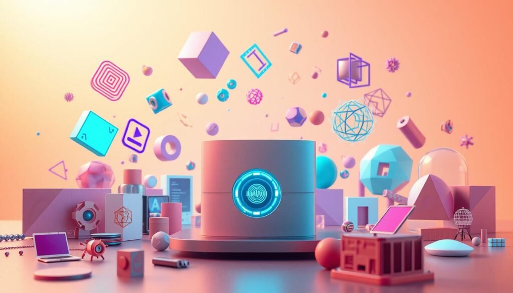 A modern, sleek AI content generator surrounded by an array of digital assets and design elements. In the foreground, the generator takes center stage, rendered in a muted metallic tone with clean, minimalist lines. Pulsing energy emanates from its core, hinting at the generative power it possesses. In the middle ground, vibrant 3D shapes and geometric patterns float and intertwine, representing the diverse possibilities of AI-powered content creation. The background is a soft, gradient-filled environment, evoking a sense of technological innovation and creativity. Warm, directional lighting accentuates the interplay of form and light, resulting in a visually striking and conceptually relevant image.