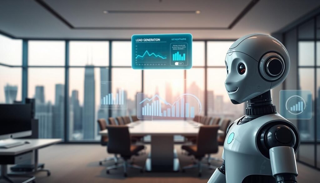 A modern, sleek office setting with an AI-driven chatbot interface prominently featured in the foreground. The chatbot has a warm, conversational expression and appears to be interacting with a user. In the middle ground, various digital lead generation analytics and metrics are displayed on holographic screens, reflecting the power of AI-driven lead generation. The background showcases a futuristic city skyline, hinting at the transformative potential of conversational AI in the digital age. The lighting is soft and diffused, creating a professional, yet inviting atmosphere. The overall scene conveys the efficiency and sophistication of AI-powered lead generation through chatbots.