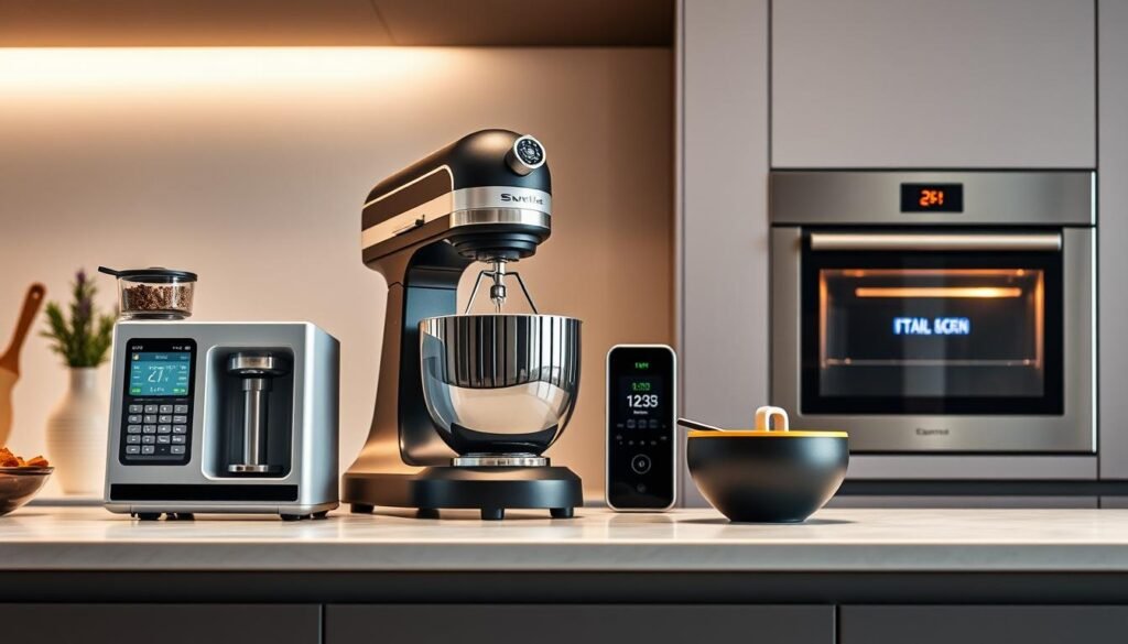 A modern, well-designed kitchen counter showcases an array of sleek, connected kitchen accessories. In the foreground, a high-tech coffee maker with a touch screen and customizable settings sits beside a smart kitchen scale with a digital display. In the middle ground, a robotic arm mixer blends ingredients effortlessly, while a voice-controlled digital recipe assistant stands ready to provide step-by-step guidance. In the background, a minimalist smart oven with a clean, minimalist design waits to be programmed, its LED display reflecting the warm glow of under-cabinet lighting. The scene exudes a sense of efficiency, seamless integration, and the fusion of culinary craft with cutting-edge technology.