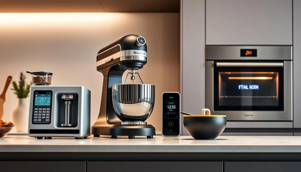 A modern, well-designed kitchen counter showcases an array of sleek, connected kitchen accessories. In the foreground, a high-tech coffee maker with a touch screen and customizable settings sits beside a smart kitchen scale with a digital display. In the middle ground, a robotic arm mixer blends ingredients effortlessly, while a voice-controlled digital recipe assistant stands ready to provide step-by-step guidance. In the background, a minimalist smart oven with a clean, minimalist design waits to be programmed, its LED display reflecting the warm glow of under-cabinet lighting. The scene exudes a sense of efficiency, seamless integration, and the fusion of culinary craft with cutting-edge technology.