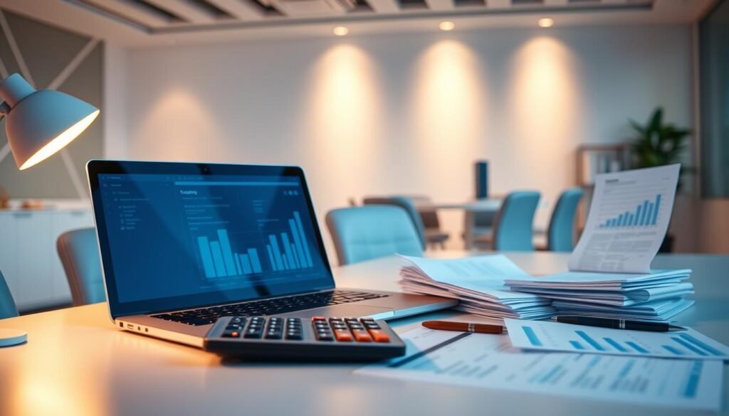 A neatly organized office desk with a laptop, calculator, and various accounting documents. In the background, a modern, minimalist office interior with geometric patterns on the walls. Gentle, warm lighting illuminates the scene, creating a productive and efficient atmosphere. The image conveys the automation of accounting tasks, with the AI-powered software on the laptop seamlessly integrating into the accounting workflow. A neatly organized office desk with a laptop, calculator, and various accounting documents. In the background, a modern, minimalist office interior with geometric patterns on the walls. Gentle, warm lighting illuminates the scene, creating a productive and efficient atmosphere. The image conveys the automation of accounting tasks, with the AI-powered software on the laptop seamlessly integrating into the accounting workflow.