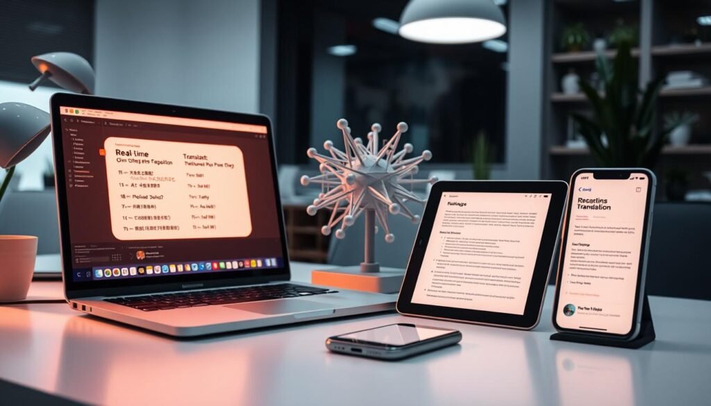 A neatly organized workspace showcases an array of cutting-edge AI translation tools. In the foreground, a laptop displays real-time language translation, its screen illuminated by soft, warm lighting. Alongside it, a tablet demonstrating voice-to-text capabilities and a smartphone with a translation app interface. In the middle ground, a 3D-printed model of a neural network symbolizes the AI algorithms powering these innovative solutions. The background features sleek, minimalist office decor, creating a professional, tech-savvy atmosphere. The image conveys the power and efficiency of modern AI-driven translation, ready to revolutionize the way we communicate across languages.