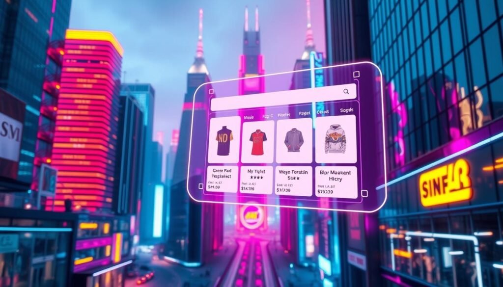 A neon-lit cityscape with a futuristic interface hovering in the foreground, displaying personalized product recommendations powered by artificial intelligence. The interface is sleek, holographic, and intuitively designed, reflecting the latest advancements in e-commerce technology. In the background, skyscrapers and futuristic architecture create a vibrant, tech-forward atmosphere. Warm lighting casts a glow over the scene, evoking a sense of progress and innovation. The overall composition suggests the seamless integration of AI-driven personalization into the modern shopping experience.