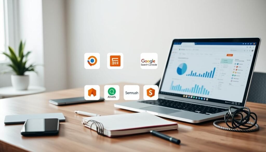 A professional-looking table with various SEO tools and software for an online store, illuminated by soft directional lighting from the left. In the foreground, a laptop displaying website analytics, with a smartphone and notebook nearby. In the middle ground, several app icons and software logos representing tools like Google Search Console, Ahrefs, and Semrush. The background features a clean, minimalist setting with hints of a home office or workspace environment. The overall scene conveys a sense of productivity, optimization, and the essential tools needed for effective Shopify SEO. A professional-looking table with various SEO tools and software for an online store, illuminated by soft directional lighting from the left. In the foreground, a laptop displaying website analytics, with a smartphone and notebook nearby. In the middle ground, several app icons and software logos representing tools like Google Search Console, Ahrefs, and Semrush. The background features a clean, minimalist setting with hints of a home office or workspace environment. The overall scene conveys a sense of productivity, optimization, and the essential tools needed for effective Shopify SEO.