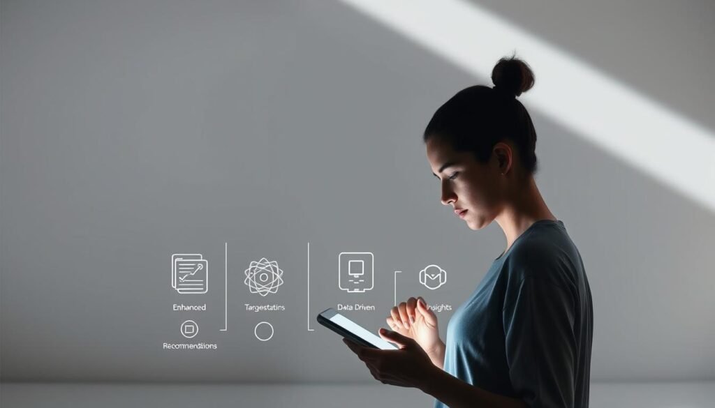 A serene and minimalist scene showcasing the tangible benefits of AI-powered personalization. In the foreground, a person interacts with a sleek, futuristic tablet or smartphone, their face lit by the soft glow of the display. The middle ground features stylized icons and infographic elements illustrating concepts like enhanced customer experience, targeted recommendations, and data-driven insights. The background is a clean, airy space with muted colors, conveying a sense of sophistication and technological prowess. Soft, directional lighting casts subtle shadows, adding depth and dimension to the composition. The overall mood is one of calm, clarity, and the seamless integration of advanced personalization capabilities into the modern e-commerce landscape.