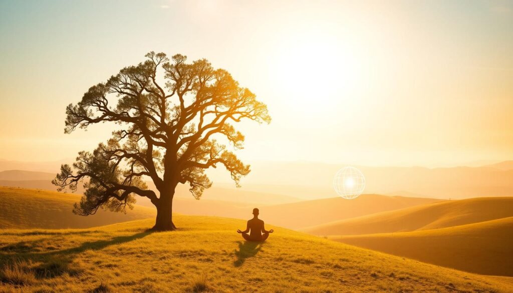 A serene landscape of rolling hills, bathed in warm, golden light. In the foreground, a towering oak tree stands as a symbol of resilience and growth, its branches reaching towards the sky. Beneath the tree, a hazy, meditative figure represents the evolving human mindset, embracing the power of introspection and self-discovery. In the middle ground, a shimmering, translucent sphere hovers, embodying the integration of technology and the human spirit. The background reveals a vast, ethereal sky, hinting at the boundless possibilities that lie ahead as humanity adapts to the age of artificial intelligence. The scene conveys a sense of tranquility, balance, and the profound transformation of the human condition.