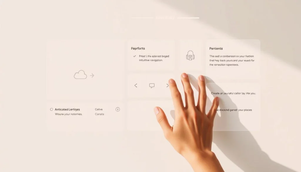 A serene, minimalist interface with a sleek, modern aesthetic. Clean, well-structured layouts emphasize intuitive navigation and easy user interactions. Soft, neutral tones create a calming, inviting atmosphere, while subtle animations and micro-interactions provide responsive, delightful feedback. Geometric shapes, simple iconography, and generous whitespace evoke a sense of sophistication and efficiency. A user's hands interact with the interface, gesturing and tapping, conveying a sense of seamless, fluid user experience. A warm, natural light source casts gentle shadows, adding depth and dimension to the scene. A serene, minimalist interface with a sleek, modern aesthetic. Clean, well-structured layouts emphasize intuitive navigation and easy user interactions. Soft, neutral tones create a calming, inviting atmosphere, while subtle animations and micro-interactions provide responsive, delightful feedback. Geometric shapes, simple iconography, and generous whitespace evoke a sense of sophistication and efficiency. A user's hands interact with the interface, gesturing and tapping, conveying a sense of seamless, fluid user experience. A warm, natural light source casts gentle shadows, adding depth and dimension to the scene.
