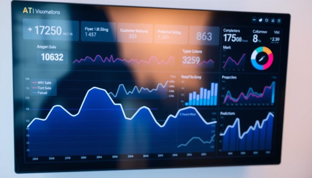 A sleek and modern data visualization dashboard displaying real-time predictive analytics data for an e-commerce platform. In the foreground, a large line graph showcases fluctuating sales trends over time. In the middle ground, a series of dynamic charts and graphs illustrate key performance indicators like customer behavior, inventory forecasts, and revenue predictions. The background features a minimalist user interface with clean typography and subtle UI elements. The overall scene conveys a sense of technological sophistication, data-driven decision making, and e-commerce optimization powered by advanced AI and machine learning.