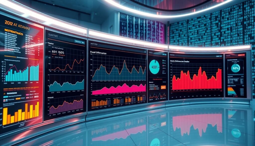 A sleek, futuristic data visualization dashboard showcasing the optimization performance of an AI system. Gleaming metallic panels and touchscreens arranged in a clean, minimalist layout. Vibrant, high-contrast graphs and charts displaying performance metrics, efficiency curves, and resource utilization in real-time. Subtle lighting casts an ethereal glow, while transparent overlays provide contextual information. In the background, a dynamic code matrix scrolls, hinting at the complex algorithms powering the system. The overall impression conveys a sense of precision, innovation, and the transformative impact of AI on modern business. A sleek, futuristic data visualization dashboard showcasing the optimization performance of an AI system. Gleaming metallic panels and touchscreens arranged in a clean, minimalist layout. Vibrant, high-contrast graphs and charts displaying performance metrics, efficiency curves, and resource utilization in real-time. Subtle lighting casts an ethereal glow, while transparent overlays provide contextual information. In the background, a dynamic code matrix scrolls, hinting at the complex algorithms powering the system. The overall impression conveys a sense of precision, innovation, and the transformative impact of AI on modern business.