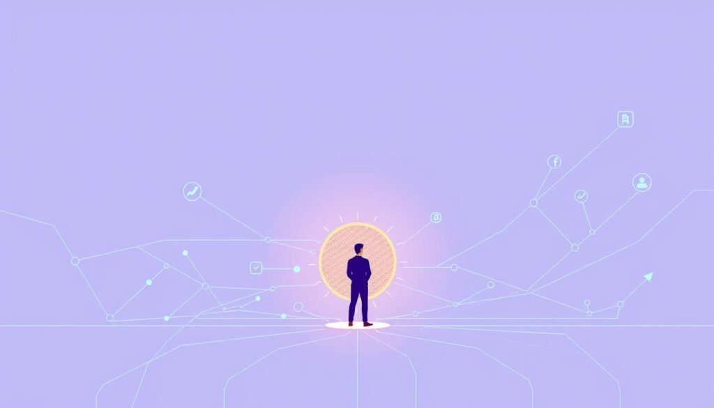 A sleek, minimalist digital strategy evolution illustration. In the foreground, a stylized human figure representing personal branding, poised amidst a dynamic, interweaving network of digital elements - lines, shapes, and symbols, in shades of blue and purple, conveying the fluid, interconnected nature of modern branding. In the middle ground, a central focal point, a glowing, pulsing sphere, symbolizing the power of AI-driven content creation and e-reputation management. The background is a soft, gradient-filled void, allowing the digital elements to float and flow, creating a sense of depth and motion. The overall mood is one of progression, innovation, and the synergy between personal branding and digital transformation.