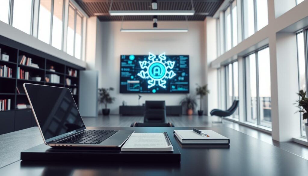 A sleek, minimalist office interior with large windows allowing natural light to flood the space. In the foreground, a desk with a laptop, notebook, and a stylized AI icon or symbol. Behind it, a wall-mounted display showing visualization of data analytics and optimization algorithms. In the background, a bookshelf with volumes on machine learning and digital marketing. The overall atmosphere is one of modern, efficient productivity and the seamless integration of AI-powered optimization into content creation workflows.