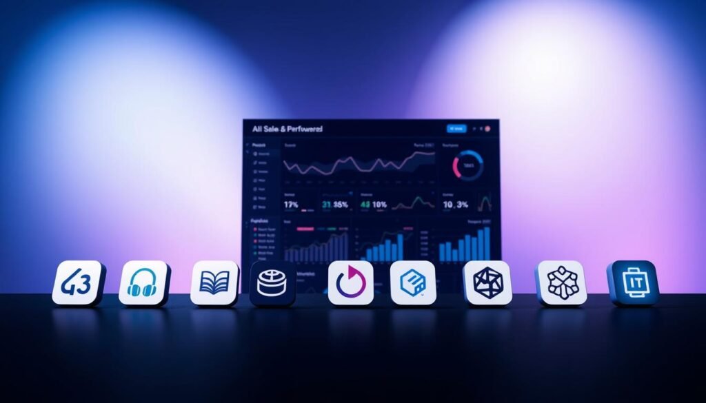 A sleek, modern comparison of leading sales funnel software powered by AI technology. In the foreground, a lineup of stylized app icons representing the top players in the market, each with a clean, minimalist aesthetic. In the middle ground, a dynamic data visualization dashboard showcasing key performance metrics and insights. The background features a soft, blurred gradient in shades of blue and purple, evoking a sense of innovation and technological sophistication. Dramatic lighting casts strategic shadows, highlighting the products' key features. The overall composition conveys a professional, authoritative tone suitable for an article on optimizing sales funnels with AI.