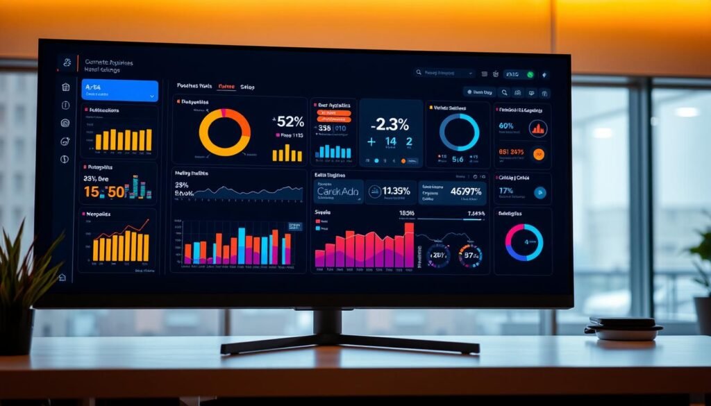 A sleek, modern data visualization dashboard displayed on a high-resolution display. The dashboard features intuitive graphs, charts, and infographics that convey key business metrics and insights. The layout is clean and uncluttered, with a focus on data clarity and user experience. Vibrant colors and subtle animations draw the viewer's attention to important data points. A warm, diffused lighting scheme creates a sense of depth and professionalism. The overall atmosphere is one of efficiency, innovation, and data-driven decision making.