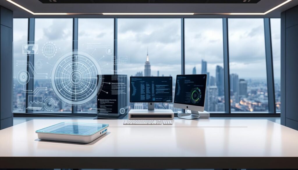 A sleek, modern digital workspace with a focus on user-centric artificial intelligence design. In the foreground, a holographic interface displays intricate data visualizations and intelligent system controls. The middle ground features a minimalist desk setup with a cutting-edge workstation, clean lines, and subtle lighting accents. In the background, a panoramic window offers a breathtaking cityscape, hinting at the global scale and impact of this advanced digital intelligence solution. The overall atmosphere conveys a sense of innovation, efficiency, and a seamless fusion of human and machine capabilities.
