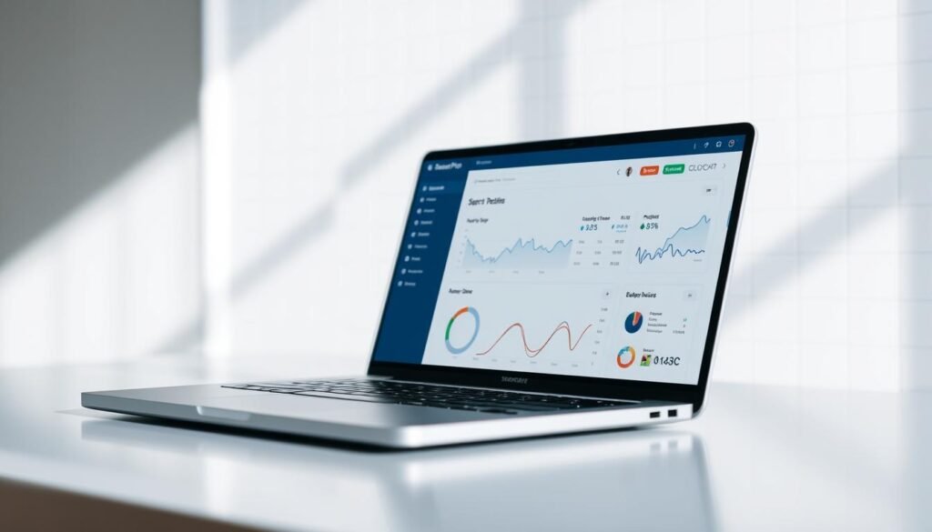 A sleek, modern laptop display showcasing the SearchPie dashboard, with a clean and minimalist user interface. The screen is angled slightly to the side, highlighting the software's intuitive layout and data visualization tools. The background features a subtle grid pattern, conveying a sense of structure and organization. The lighting is soft and diffused, creating a professional and productive atmosphere. The overall composition emphasizes the ease and efficiency of optimizing search engine performance with SearchPie, perfectly complementing the section's focus on effortless SEO optimization.