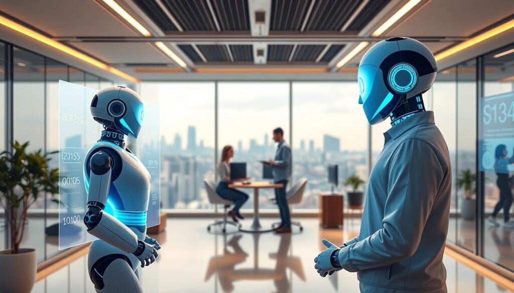 A sleek, modern office interior with a focus on customer-centric technology. In the foreground, a stylized chatbot avatar engages with a customer, their conversation displayed on a holographic display. The middle ground features a team of AI experts collaborating on the chatbot's personalization features, surrounded by screens showcasing user data and analytics. The background depicts a panoramic city skyline, hinting at the wider e-commerce landscape. Soft, warm lighting creates an inviting atmosphere, conveying the seamless integration of artificial intelligence and human-centric design.