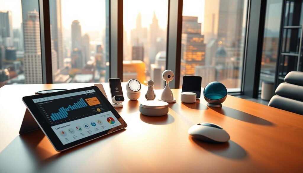 A sleek, modern office interior with an array of AI-powered tools and devices on a stylish desk. In the foreground, a tablet or laptop displays customer data and analytics, while in the middle, various smart devices like voice assistants, chatbots, and customer sentiment analyzers are neatly arranged. The background features a large window overlooking a vibrant cityscape, bathed in warm, natural lighting that fills the space. The overall scene conveys a sense of technological sophistication and the seamless integration of AI into the customer experience. A sleek, modern office interior with an array of AI-powered tools and devices on a stylish desk. In the foreground, a tablet or laptop displays customer data and analytics, while in the middle, various smart devices like voice assistants, chatbots, and customer sentiment analyzers are neatly arranged. The background features a large window overlooking a vibrant cityscape, bathed in warm, natural lighting that fills the space. The overall scene conveys a sense of technological sophistication and the seamless integration of AI into the customer experience.